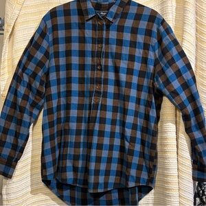 Madewell Women's Blue and Brown Checkered Shirt Half Button Size Medium